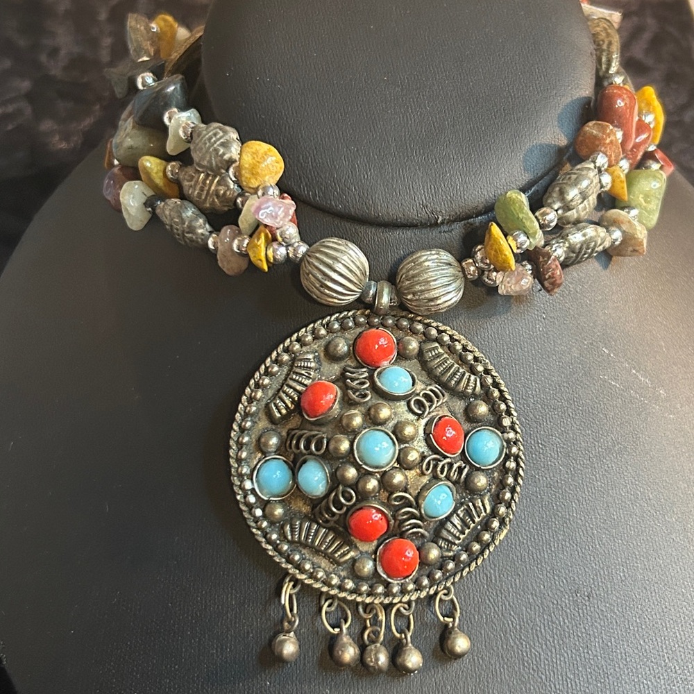 Vintage Tibetan Silver Tribal Necklace with genuine stones